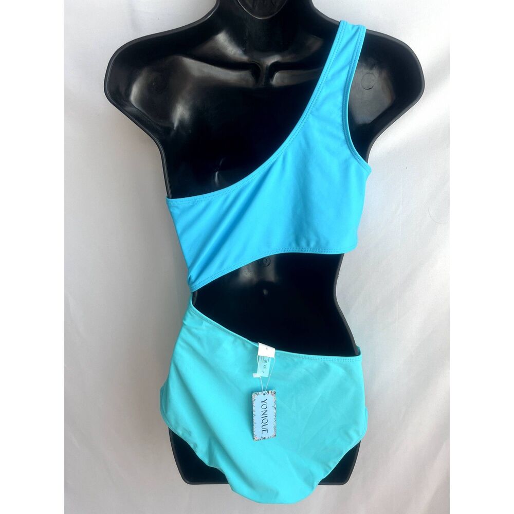 Yonique NWT One Piece Swimsuit One Shoulder Cutout Monokini Blue Turquoise sz L - Picture 5 of 12